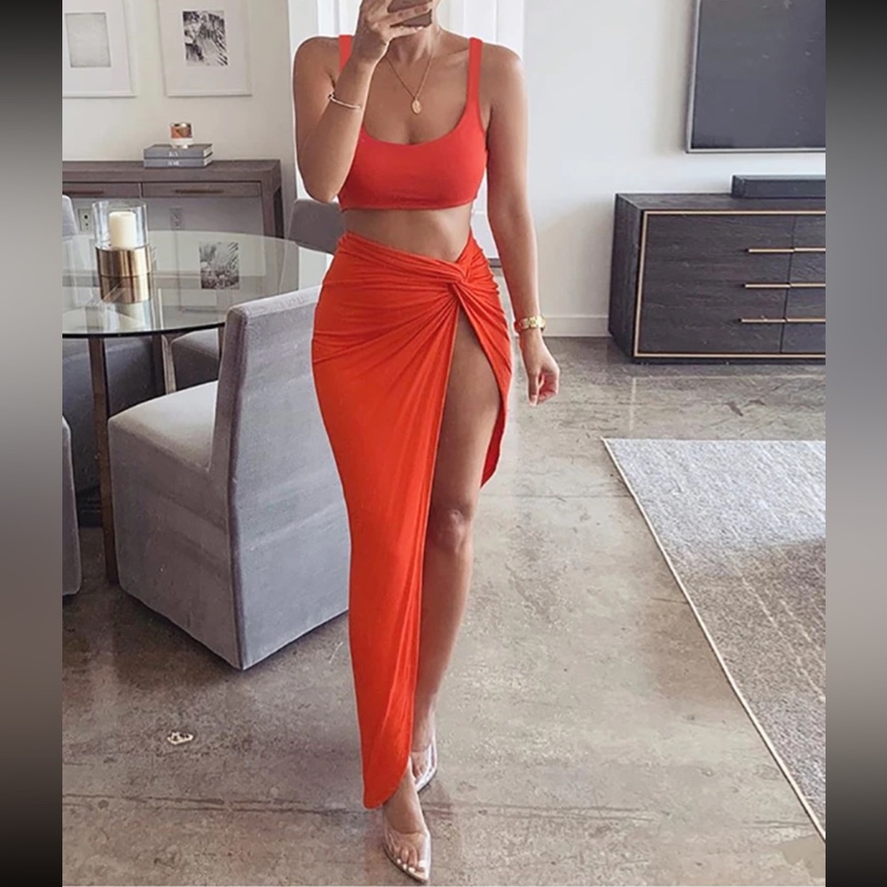 Bright Orange two piece long skirt set vacation outfit women sexy